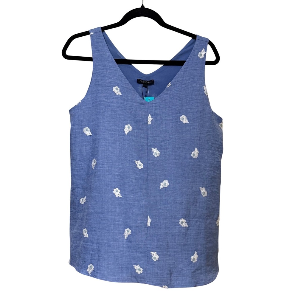 Papermoon Blue Floral Embroidered V-Neck Sleeveless Blouse Tank Top Large NWT